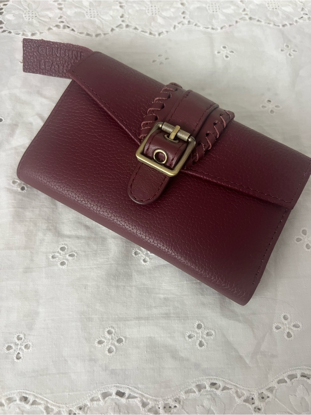 Genuine Pebbled Leather Burgundy/Wine Wallet Clutch Long Bifold Brass Boho